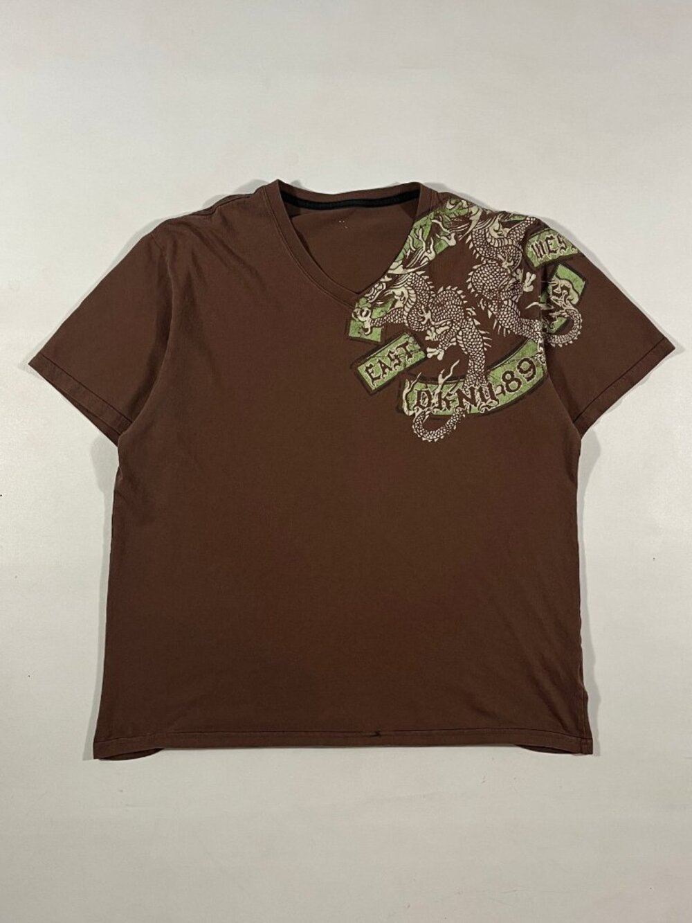 Vintage Y2K Brown Dragon Graphic V-Neck Tee East West 89